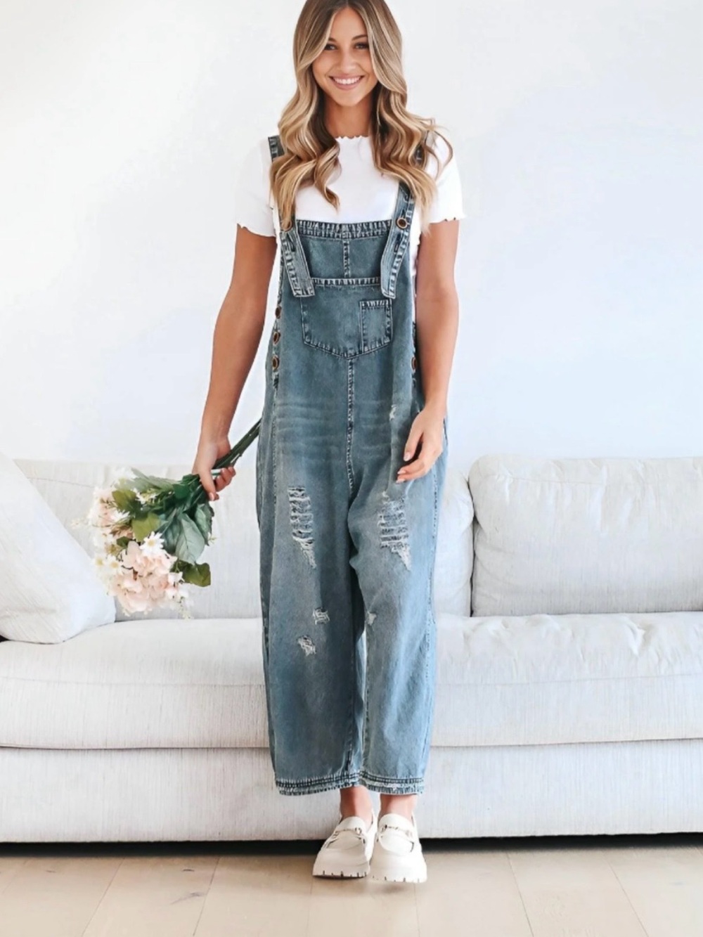 Target Women's Light Blue Distressed Denim Wide Leg Overalls L